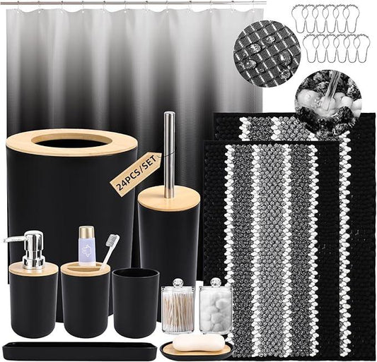SLDIYWOW Black Bathroom Accessories Set, Bathroom Sets with Shower Curtain and Rugs for Home Decor/Housewarming - ModernBath
