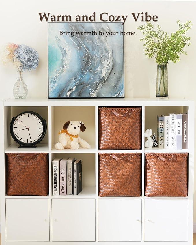 13x15x13 Woven Laundry Basket Hamper, Storage Basket for Clothes Blankets, 4-Pack Wicker Bin for Closet Shelves Bedroom Bathroom, Brown - ModernBath