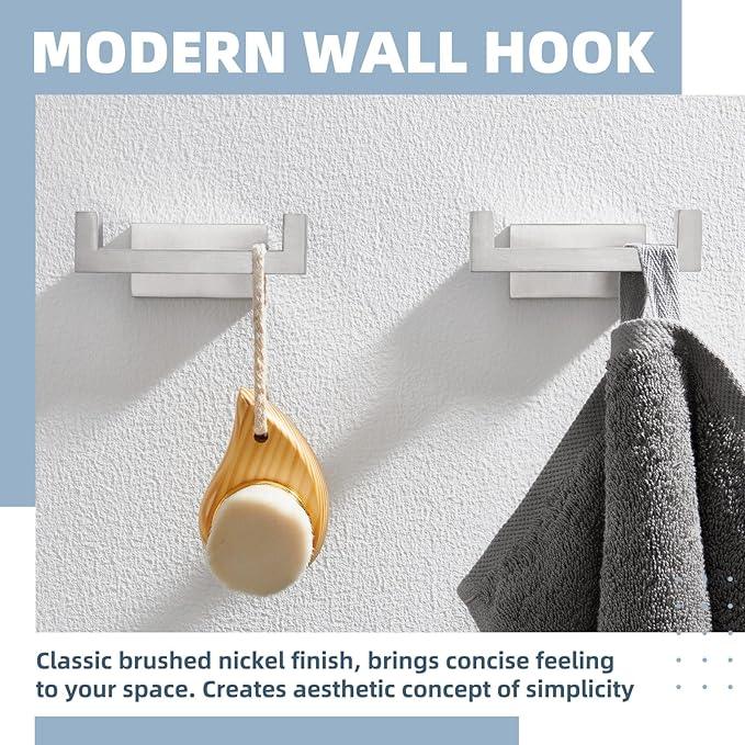 APLusee Double Bath Towel Hook 2 Pack, 304 Stainless Steel Square Dual Coat Holder, Modern Bathroom Kitchen Storage Hanger Wall Mounted, Brushed Nickel - ModernBath