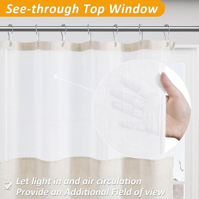 Naturoom Beige Linen Shower Curtain with Snap in Liner Set Rustic Farmhouse Shower Curtains for Bathroom 200GSM Textured Cream Burlap Cloth Double Bath Curtains with See Through Top Window 72x72 - ModernBath