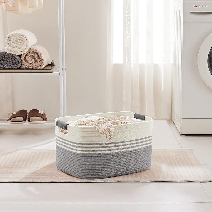 45L Small Laundry Basket with Leather Handles for Living Room Storage, Woven Rope Baskets Bin for Blanket, Kids Toy, Gifts, Wicker Hamper for Bedroom Dirty Clothes, 18"x14"x11" White Grey - ModernBath