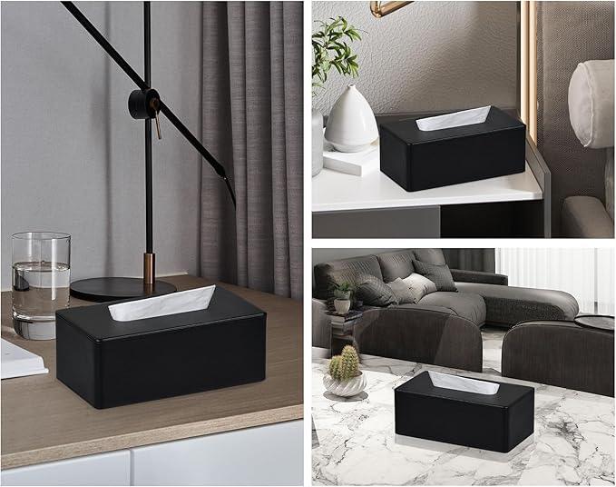 GOLRANLYE Tissue Box Cover Rectangular 9.8"(L) x 5.3"(W) x 4.3"(H) Refined Modern PU Leather Facial Tissue Dispenser Box Holder for Dresser Bathroom Decorative (Black) - ModernBath