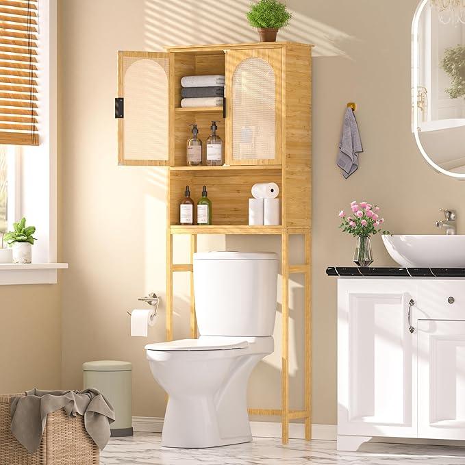 BlueWish Bathroom Organizers and Storage, Bamboo Over The Toilet Storage Cabinet with Inverted U-Shaped Door & Anti-Tip Device, Space Saver, Natural - ModernBath