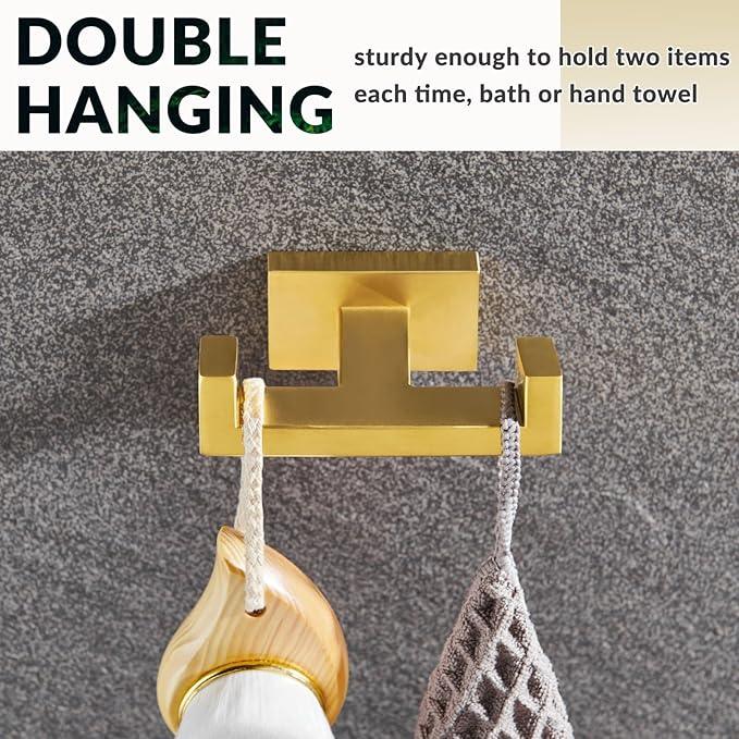 APLusee Double Robe Towel Hook Brushed Gold, 304 Stainless Steel Bathroom Hand Towel Holder, Clothes Wall Hanger for Toilet Kitchen Cabinet - ModernBath