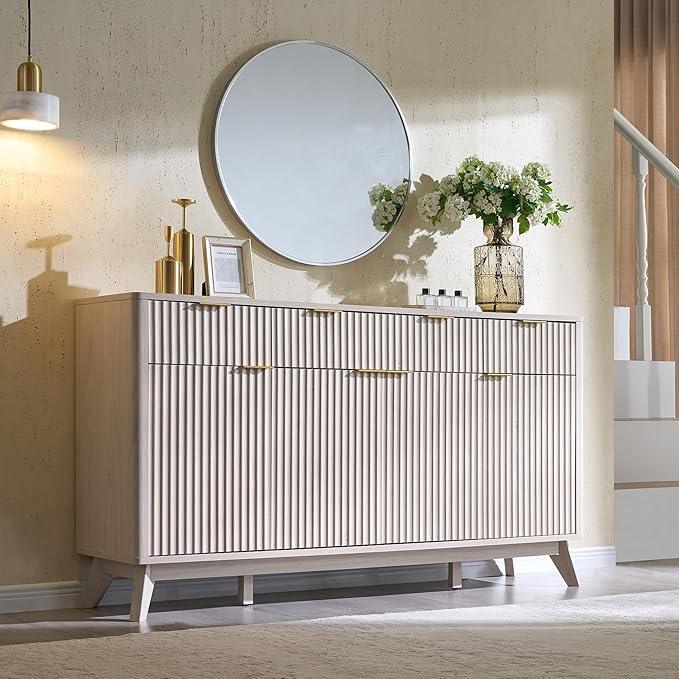 OKD Fluted Storage Cabinet with Drawers, 60" Morden Buffet Sideboard Coffee Bar Cabinet with 4 Doors and 3 Drawers for Dining Room, Living Room,Hallway (White Alder) - ModernBath