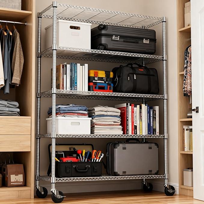 5 Tiers Shelf 1750 lbs Steel Storage Shelving Utility Shelving Unit Steel Organizer Wire Rack for Home,Kitchen,Office,Garage Chrome 17.7" D x 47.2" W x 76.8" H - ModernBath
