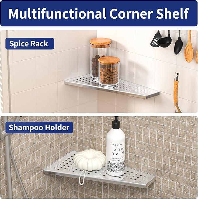 Corner Shower Shelf 12" Polished 304 Stainless Steel Recessed Trapezoid Grout in Shelves with Grid Design Bathroom Shelf Racks for Tiled Wall, 2 Pack - ModernBath