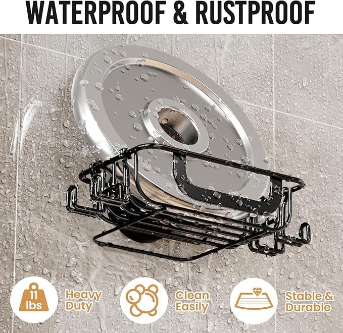 LEVERLOC Soap Holder Dish with Hooks for Shower, Bar Suction Cup Soap Tray Wall Mounted, Rustproof Stainless Steel Sponge Holder Caddy for Bathroom Bathtub Kitchen Sink, Black - ModernBath