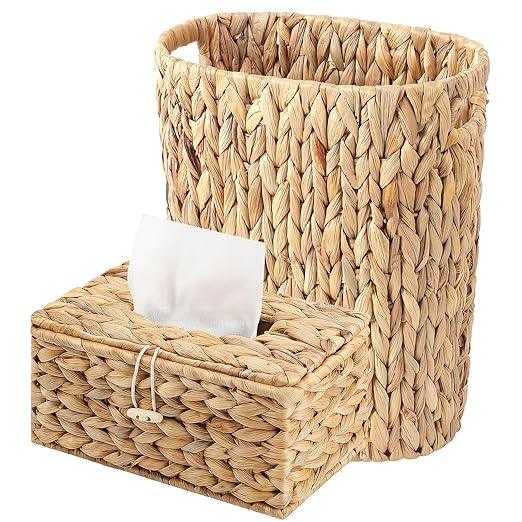 Wicker Trash Can & Tissue Box Cover Rectangular, Handwoven Waterproof Waste Basket with Handles, Rattan Wicker Home Set for Bedroom, Bathroom, Kitchen, Office, Balcony (Rectangular Tissue Box) - ModernBath