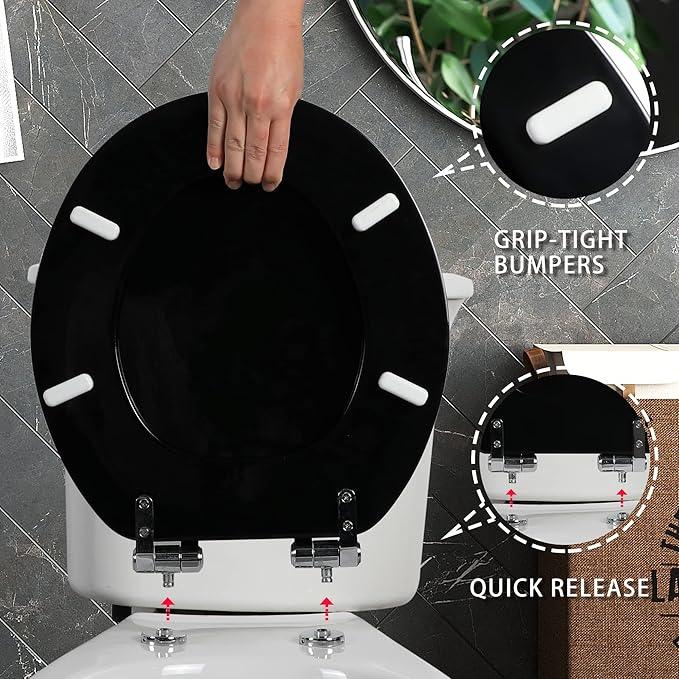 Angel Shield Toilet Seat with Zinc Alloy Hinges Quiet-Close Quick-Release Wood Molded UV Lid Easy Clean(Round,Black) - ModernBath