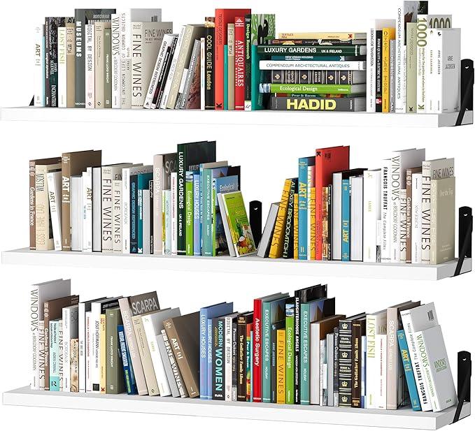 upsimples Floating Book Shelves for Wall, 35.4 Inches Long Floating Wood Shelves for Living Room, Library, Bedroom, Office Organizer and Storage, White - ModernBath