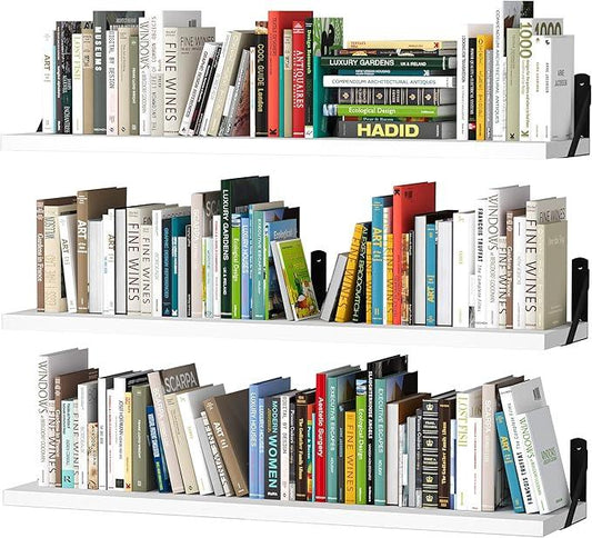 upsimples Floating Book Shelves for Wall, 35.4 Inches Long Floating Wood Shelves for Living Room, Library, Bedroom, Office Organizer and Storage, White - ModernBath