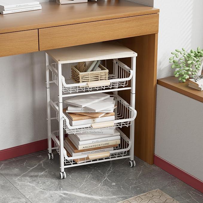 4-Layer Fruit Basket Kitchen Food Organizer and Rack, Stackable Storage Cart with Desktop, Pull-Out Hollow Metal Basket, Sliding Out Storage (Black 4-Layer Rack) - ModernBath