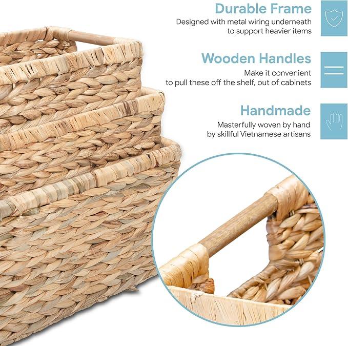 Water Hyacinth Storage Baskets with Wooden Handles, Rectangular Woven Organizer Bins for Closet, Pantry, Bathroom, or Shelves, Natural Decorative Storage Baskets for Home Organization – Set of 3 - ModernBath