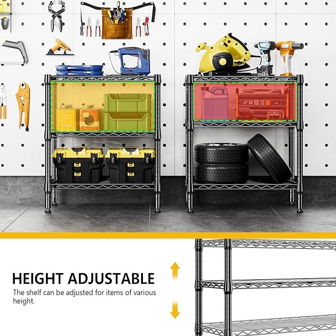 750 lbs 3 Tier Shelf Metal Storage Shelves Wire Rack Closet Organizers for Garage Kitchen Bathroom Laundry Black 11.8" D x 25.6" W x 31.5" H - ModernBath