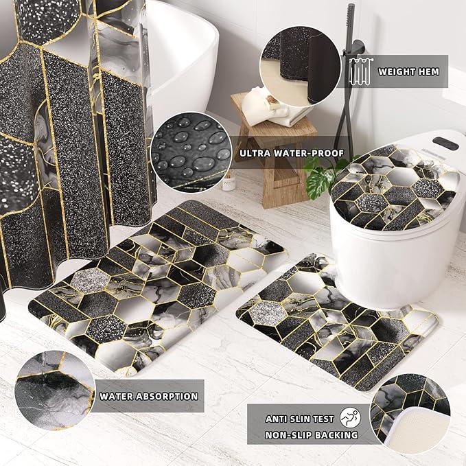 XLHOMO Bathroom Sets with Shower Curtain and Rugs - 4PC Black Geometric Shower Curtain Set with 12 Hooks, Toilet Cover, U-Shaped Mat and Rugs Modern Abstract Bathroom Accessories for Bathroom - ModernBath