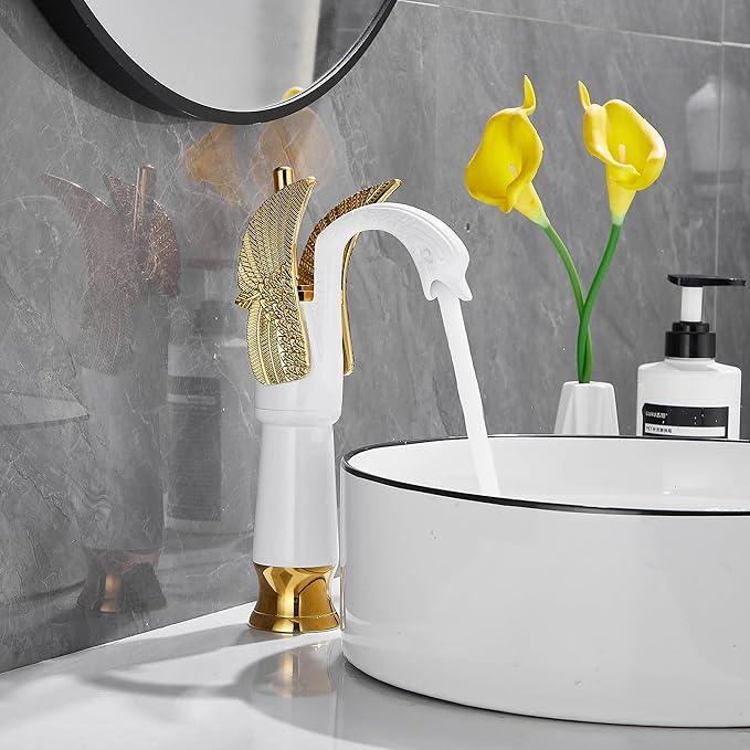GGStudy Swan Shape Single Handle 1Hole Bathroom Vessel Sink Faucet Deck Mount Lavatory Sink Faucet Gold Mixed White - ModernBath