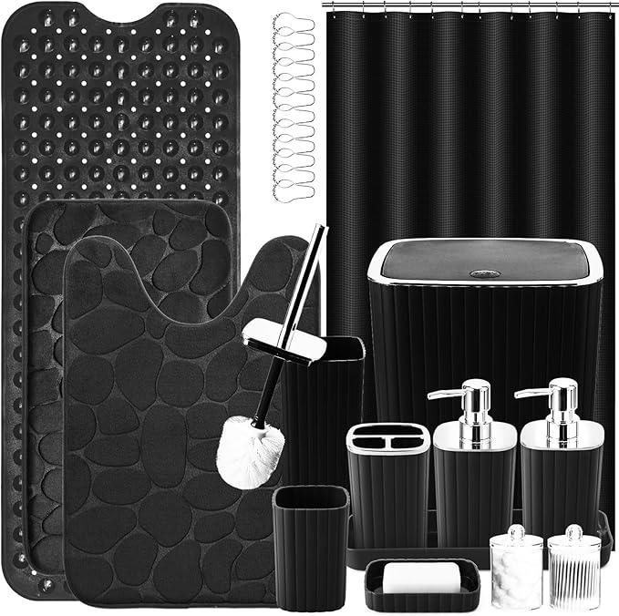 XLHOMO 26PC Bathroom Accessories Set - Gorgeous Black Bathroom Set, Bathroom Accessory Set, Black Shower Curtain Set with Bathtub Mats for Shower Tub - ModernBath