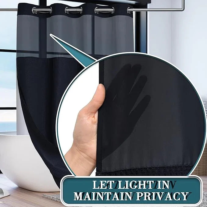 Conbo Mio Stall No Hook Waffle Weave Shower Curtain with Snap in Liner Set, Hotel Luxury Black Shower Curtains for Bathroom with See Through Top Window, Waterproof, Washable 54W x 74H - ModernBath