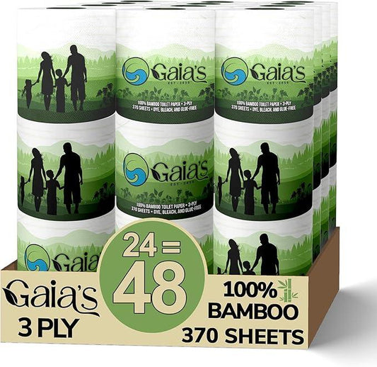 Gaias Premium and Soft Organic Bamboo Toilet Paper | 24 Mega Rolls, 3 Ply, 370 Sheets | FSC Certified, PFAS & BPA Free, Eco-Friendly, Sustainable Tissue - Plastic Free, Septic Safe, Vegan - ModernBath