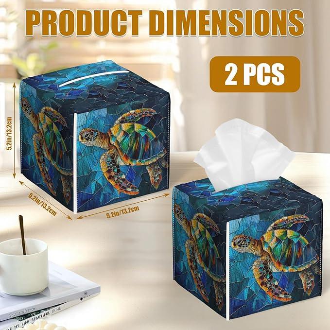 Glass Sea Turtle Tissue Box Cover 2PCS, Leather Tissue Box Holder Square Facial Paper Case Tissue Box Cube Organizer for Bathroom Bedroom Desk Office - ModernBath
