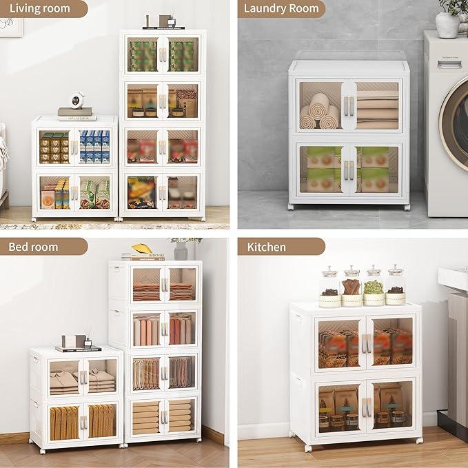 Large Clear Stackable Storage Bins with Lids, 90QT-45QT*2Tier Foldable Cabinet for Closet Organizers, Plastic Storage Box with Wheels White - ModernBath