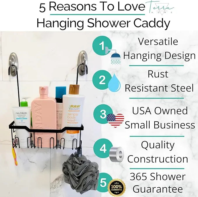 Heavy-Duty Black Hanging Shower Caddy with Rotatable Hooks and Adhesives - Rust-Proof 304 Stainless Steel - Bathroom Caddy for Organizing Your Shower Essentials - ModernBath