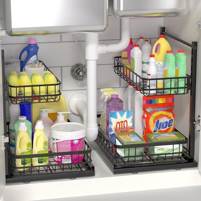 Under Sink Organizer, Adjustable Height Pull-Out Kitchen Storage Organization,15.8" x 11.8" x 16.5", 2-Tier Kitchen Shelf, Bathroom Drawer Organizer, 2 Pack|Black - ModernBath