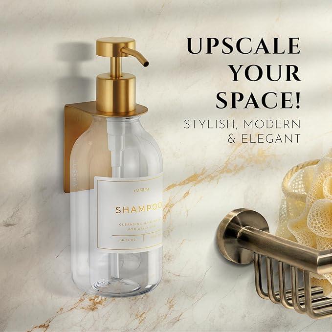 Shampoo & Conditioner Dispenser - Shower Soap Dispenser Wall Mounted - 16.9 Oz Plastic Bottle with Pump & Holder - Shampoo Dispenser - Shower Dispenser Chamber No Drill (1 X Clear/Gold) - ModernBath