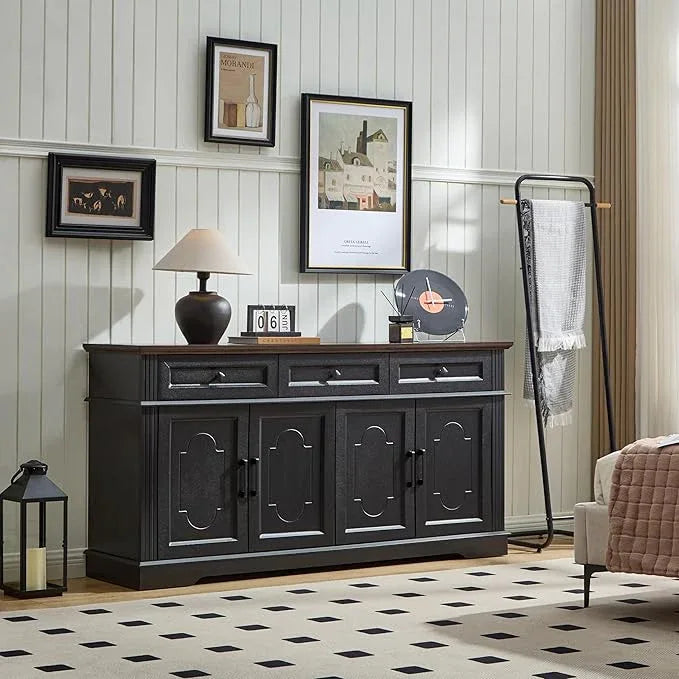 63" Black Buffet Sideboard Cabinet with 4 Doors and 3 Drawers, Modern Farmhouse Kitchen Storage Cabinet, Coffee Bar Cabinet with Adjustable Shelves, Kitchen Living Room Storage, Dining Room - ModernBath