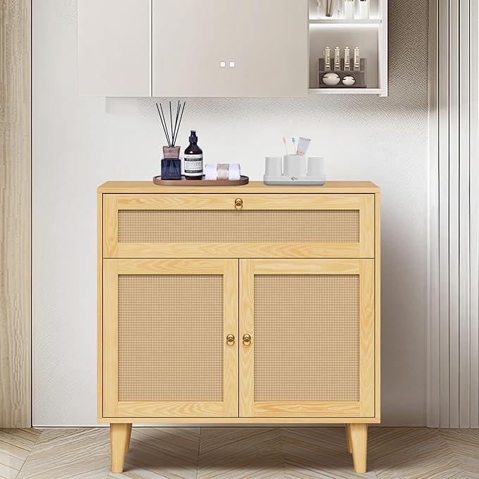 Storage Cabinet with Rattan Decor Doors & Drawer, Modern Bathroom Floor Storage Cabinet Organizer, Freestanding Cupboard for Kitchen/Living Room Use - ModernBath