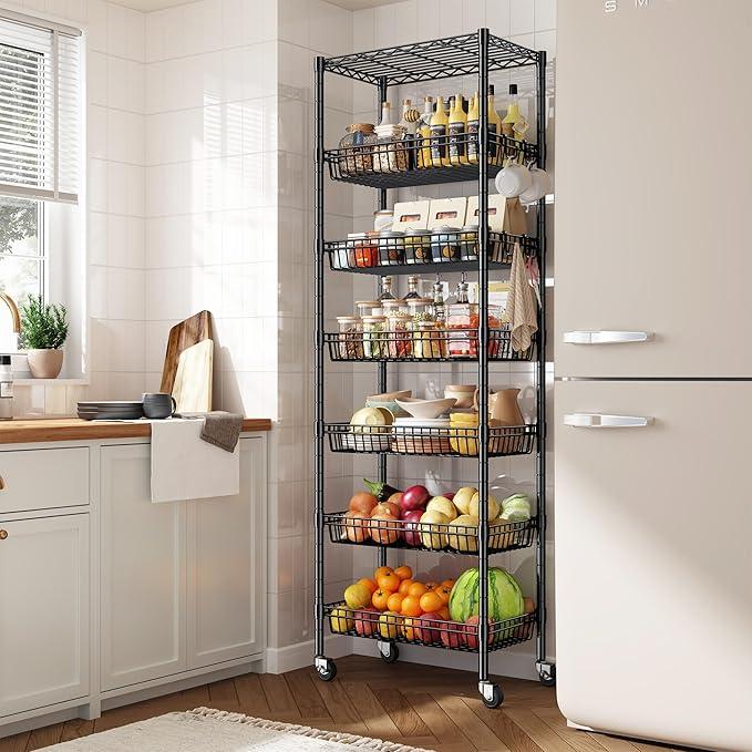 7 Tier Wire Shelving Unit with Wheels 72" H Adjustable Basket Shelf Storage Shelves with Hooks for Kitchen Bathroom Garage Closet Laundry Room Organization 72" H x 24" W x 14" D, Black - ModernBath