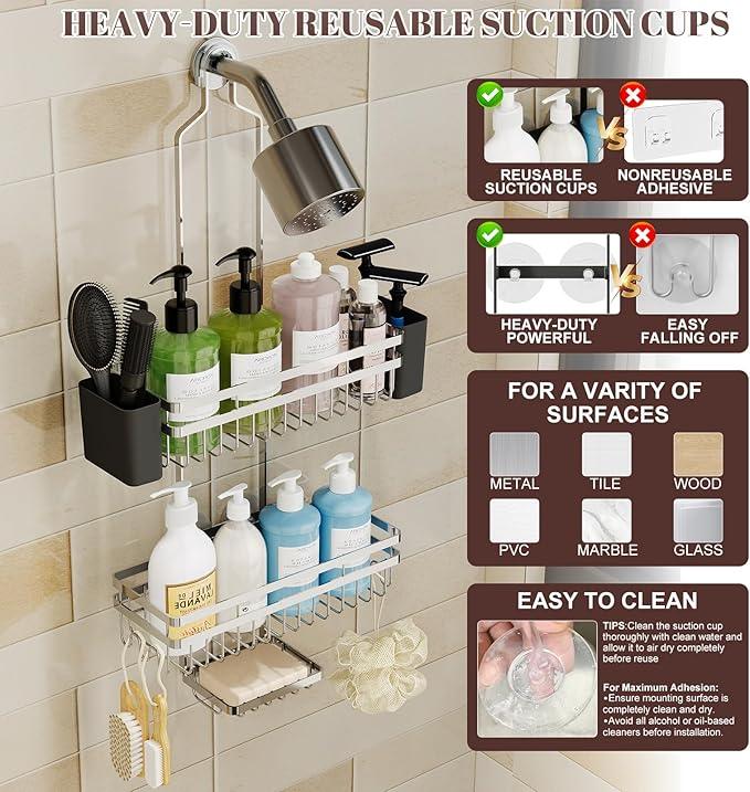 STAHLHEART Shower Caddy Hanging for Bathroom Organizers and Storage, 3 Tier Adjustable Anti-Swing Shower Organizer Hanging with Heavy-Duty Suction Cups, Damage-Free Rustproof (Chrome) - ModernBath