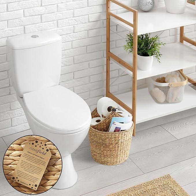 Casafield Toilet Paper Roll Storage Basket with Magazine Holder, Natural - Woven Water Hyacinth Wicker Bathroom Bin for Bath Tissue and Toiletries - ModernBath