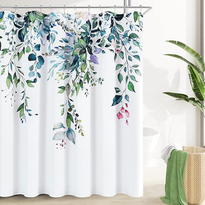 BOODII Green Plant Watercolor Shower Curtains 72 inches Long Floral Leaf Shower Curtain for Bathroom Botanical Leaves Hunter Green Eucalyptus Curtain Jungle Bathroom Decor 72x72 - ModernBath