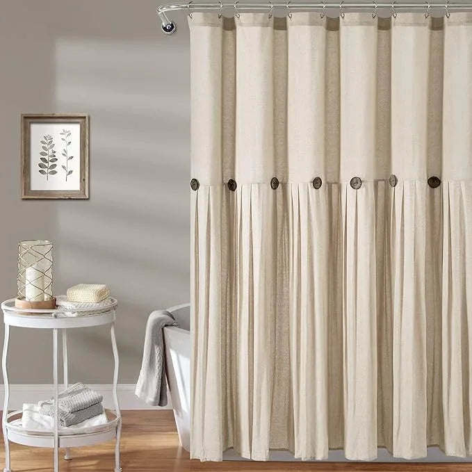 Lush Decor Linen Button Shower Curtain, 72" W x 72" L, Dark Linen - Beige Shower Curtain Fabric - Rustic Bathroom Curtain - Farmhouse Bathroom Decor - ModernBath