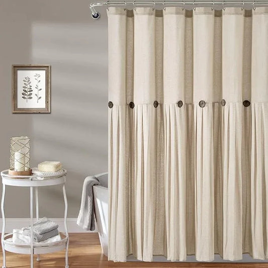Lush Decor Linen Button Shower Curtain, 72" W x 72" L, Dark Linen - Beige Shower Curtain Fabric - Rustic Bathroom Curtain - Farmhouse Bathroom Decor - ModernBath