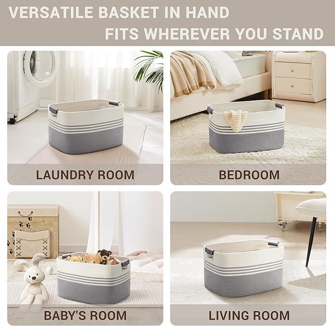 45L Small Laundry Basket with Leather Handles for Living Room Storage, Woven Rope Baskets Bin for Blanket, Kids Toy, Gifts, Wicker Hamper for Bedroom Dirty Clothes, 18"x14"x11" White Grey - ModernBath
