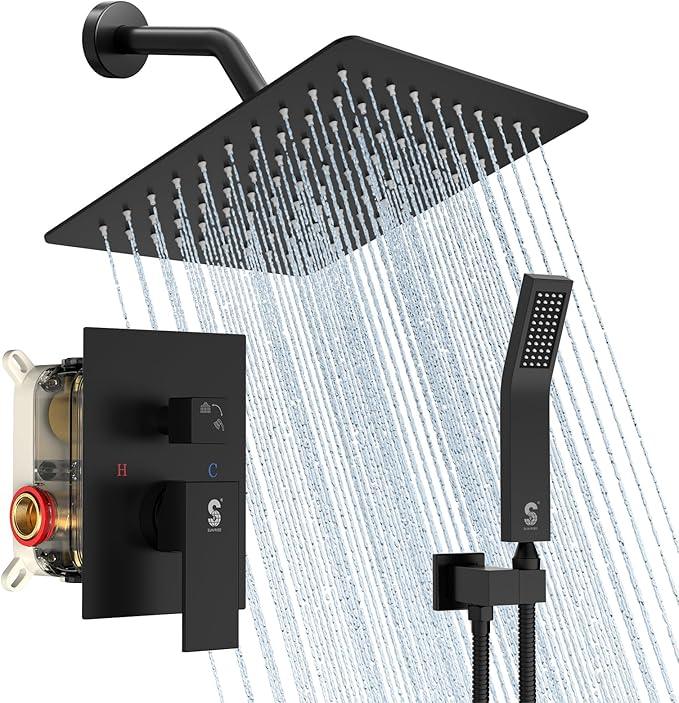 SR SUN RISE Shower Faucet - 8 Inch Shower System with Rain Shower Head and Handheld Spray - Shower Faucet Trim Repair Kits with Diverter Valve - All Metal Shower Set - Matte Black - ModernBath