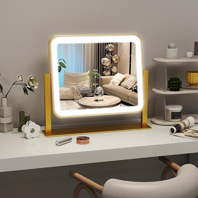 ROLOVE Gold Lighted Makeup Mirror, 14"x12" Vanity Mirror with Smart Touch Control, 3-Color Dimmable Lighting, 360° Rotation for Desk or Bedroom - ModernBath