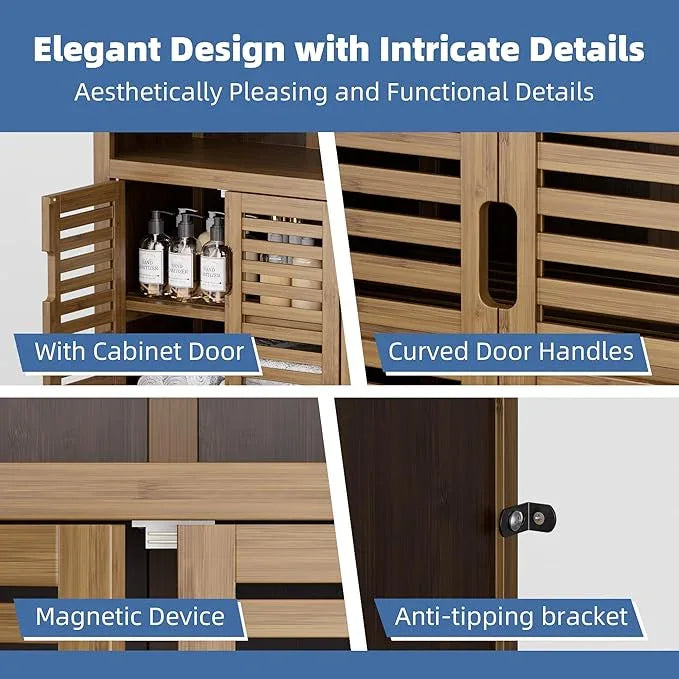 HITNET Walnut Bathroom Floor Cabinet, Bamboo Side Tall Storage Organizer, Freestanding Kitchen Cupboard with Door and Removable Shelf - ModernBath
