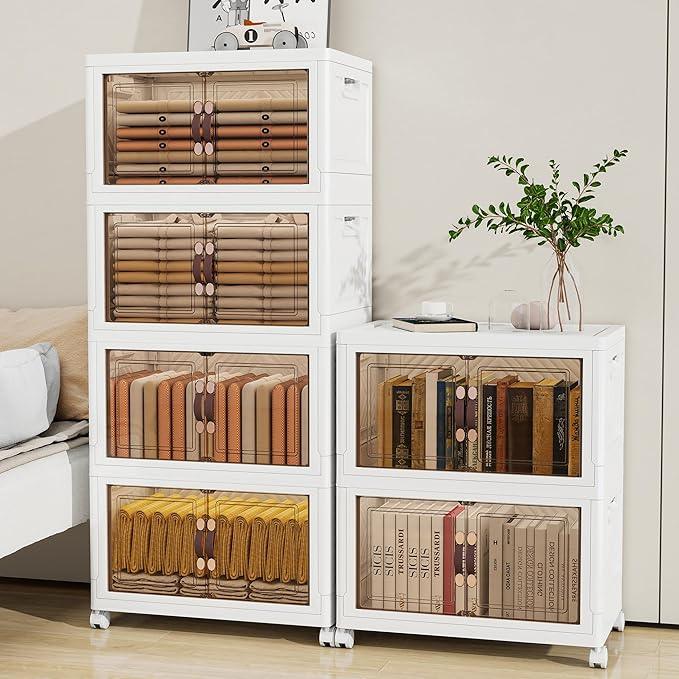 Storage Bins with Lids and Wheels, 220QT-110QT*2Tier Collapsible Bathroom Storage Cabinet with Clear Doors, Plastic Stackable Closet Organizers and Containers White - ModernBath