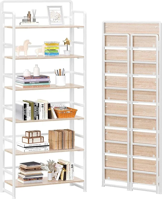 4NM No Assembly 6 Tiers Folding Bookshelf Storage Shelves Vintage Bookcase Standing Racks Study Organizer Home Office (Natural White) - ModernBath
