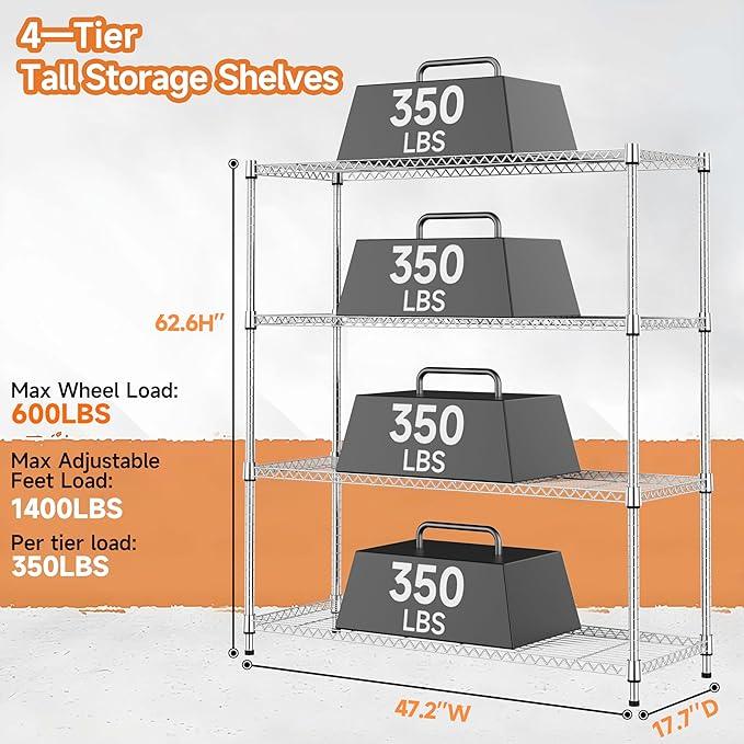 4 Tiers Storage Shelves Load 1400LBS, Metal Shelving Wire Metal Shelving Unit Shelves for Storage Adjustable Garage Shelving for Pantry Kitchen Garage Chrome 17.7" D x 47.3" W x 62.7" H - ModernBath