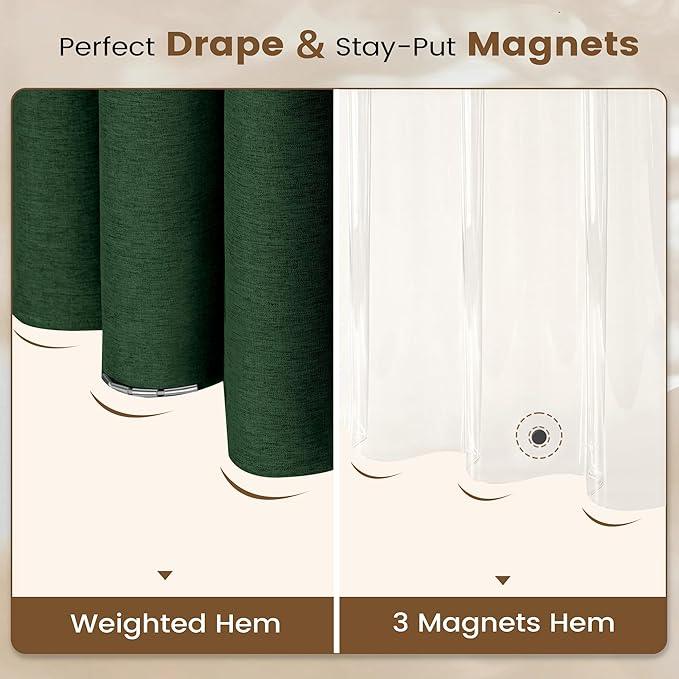 BTTN 3 in 1 Shower Curtain Set, Emerald Green Linen Textured Fabric Shower Curtain and Clear Liner Set with Plastic Hook, Modern Hotel Luxury Weighted Waterproof Shower Curtain for Bathroom, 72x72 - ModernBath