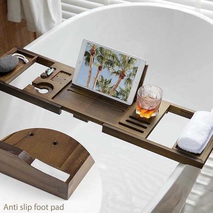 Realgulf Teak Bathtub Tray | Adjustable Width Tray with Wine Holder, Tablet/Phone & Book Stand, Splash-Proof for Bath Time- Walnut - ModernBath