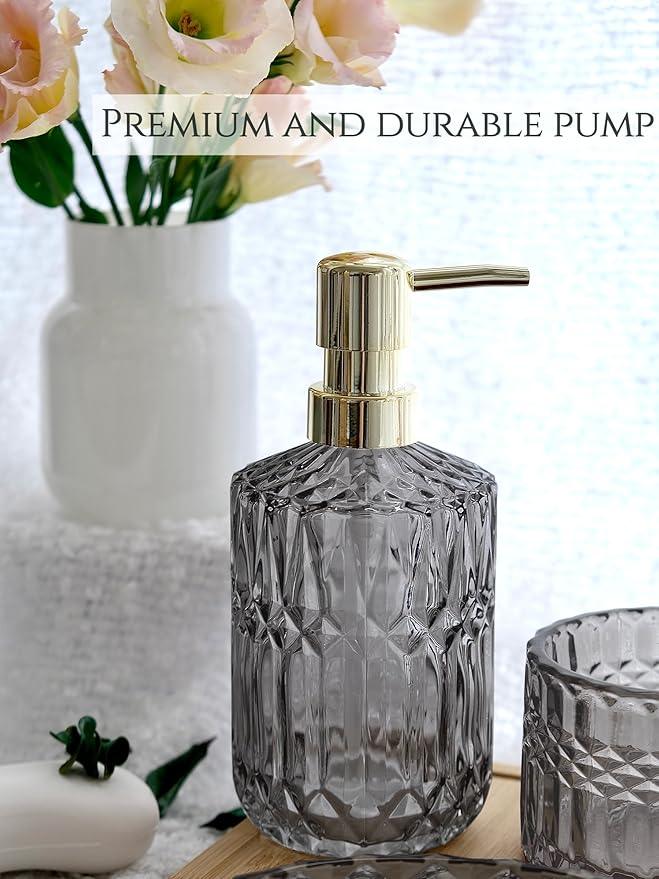 LaMarriti Gray Bathroom Accessories Set, 5Pcs Clear Glass Bathroom Sets, Soap Dispenser, Soap Dish, Toothbrush Holder Set, Cotton Swab Jar, Black and Gold Accent for Vintage Bathroom Decor, Gift Set - ModernBath