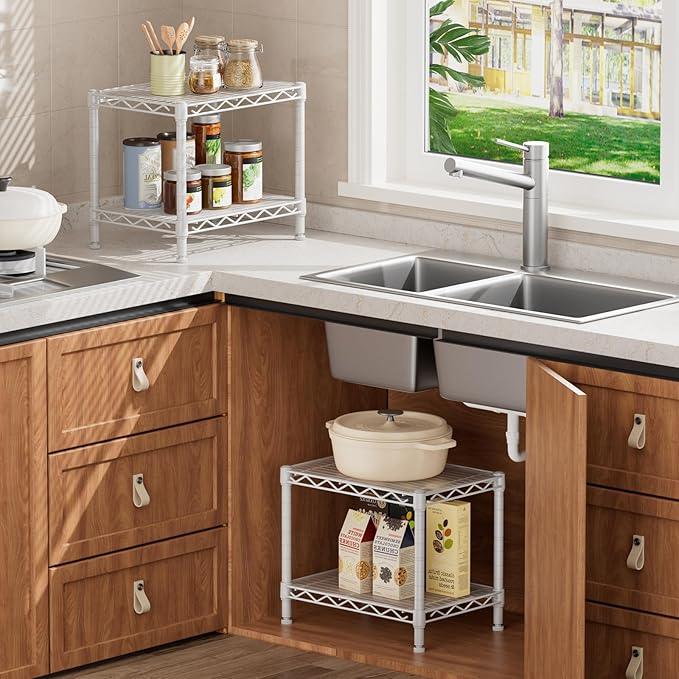 SINGAYE 2 Small Shelves Kitchen Storage Shelf Wire Shelving Unit Metal Shelf Adjustable Organizers Storage Shelving for Office Pantry White 12" D X 18" W X 12" H - ModernBath