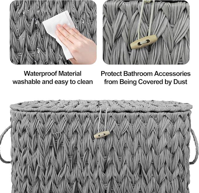 Toilet Paper Storage Basket with Lid,Wicker Toilet Paper Holder Stand,Narrow Decorative Woven Bathroom Basket Organizer,Free Standing Grey - ModernBath