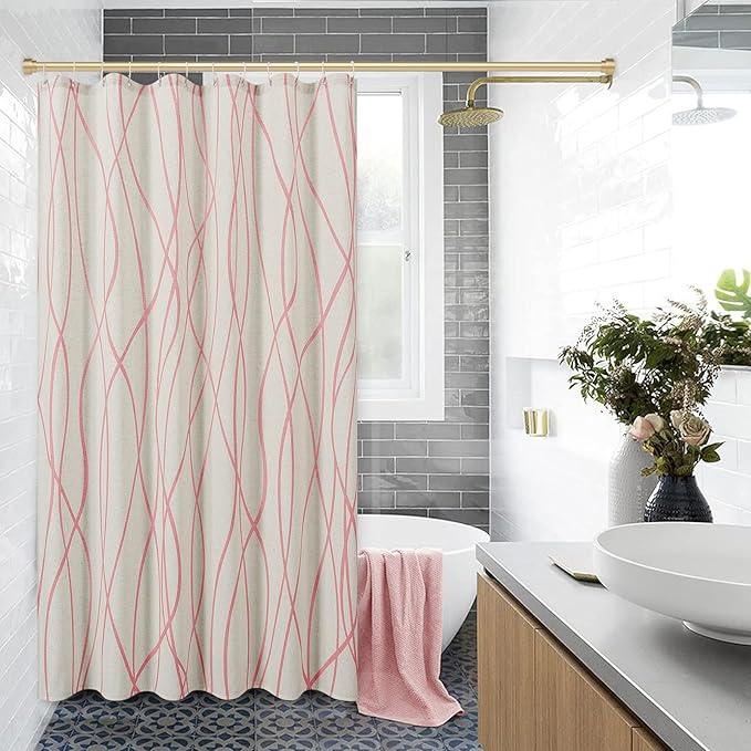 Pink Modern Farmhouse Linen Shower Curtain, Country Cottage Bathroom Decor Striped Minimal Boho Textured Linen Shower Curtain Set with Hooks, 72x72 - ModernBath